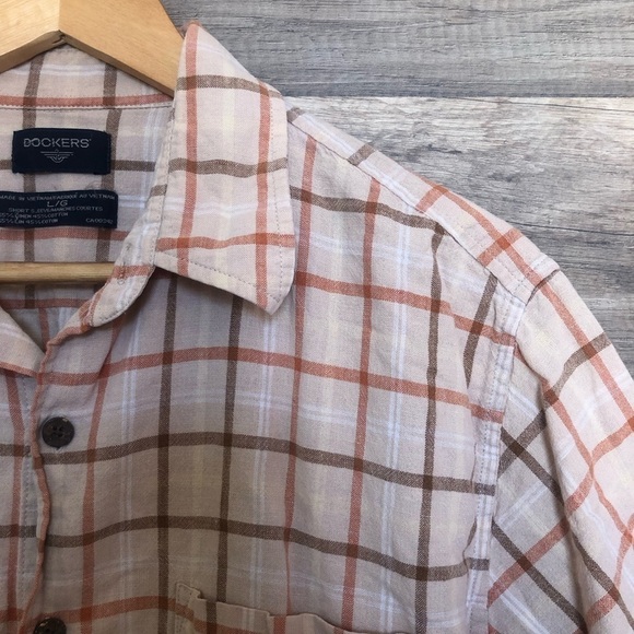 Dockers  Linen Cotton Blend Short Sleeved Plaid Button Up Shirt Large - Picture 4 of 7